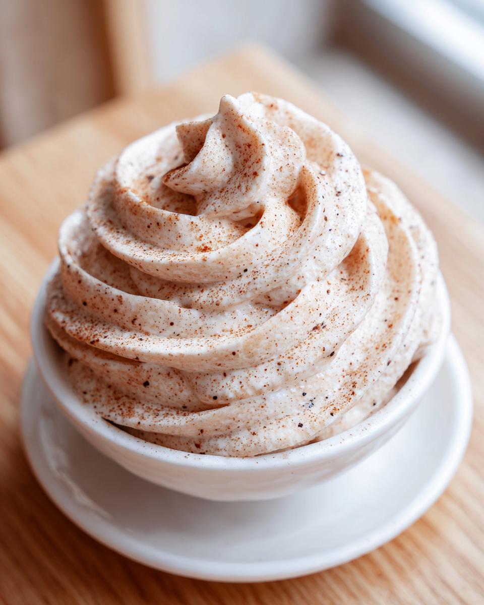 Close-up of perfectly piped, fluffy cinnamon butter mixture dusted with ground cinnamon.