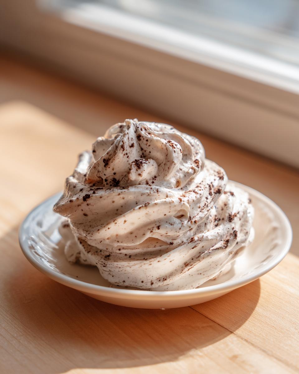 A swirl of white whipped topping speckled with dark chocolate sits on a small white saucer, likely an accompaniment for cinnamon butter.