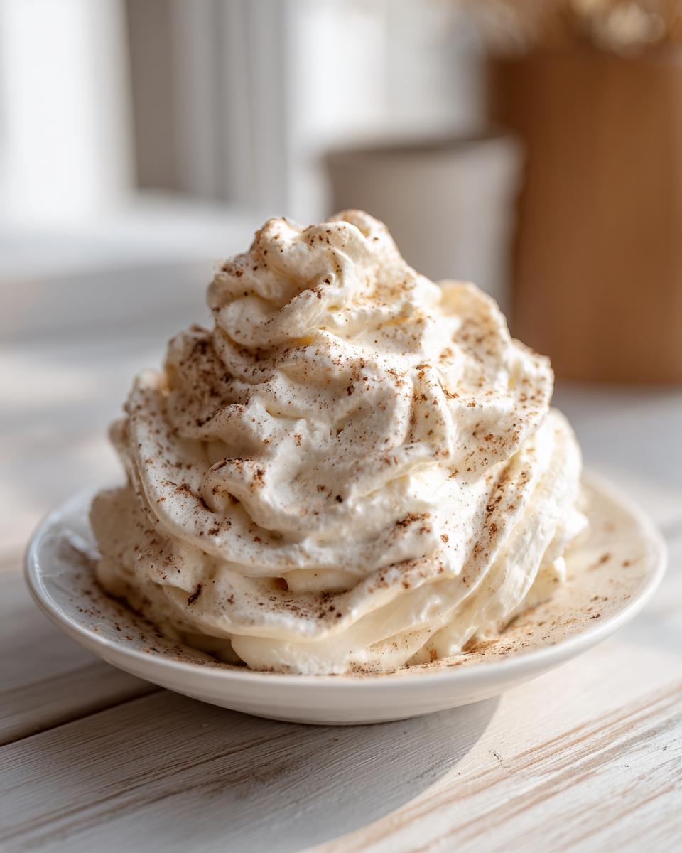 A mound of fluffy whipped cream sprinkled with cinnamon, likely representing cinnamon butter topping.