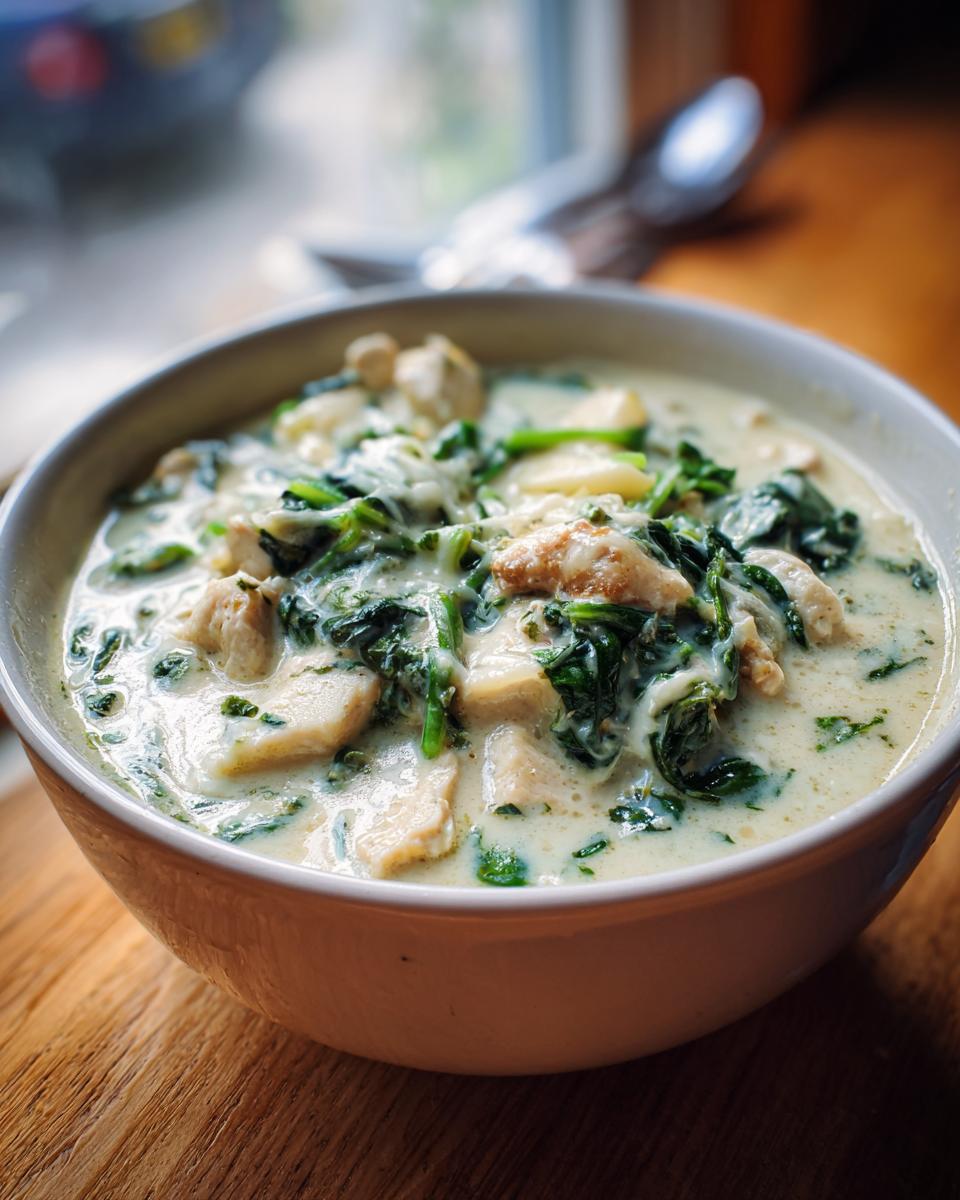 Close-up of a hearty bowl of white chicken lasagna soup with chunks of chicken and wilted spinach in a creamy sauce.