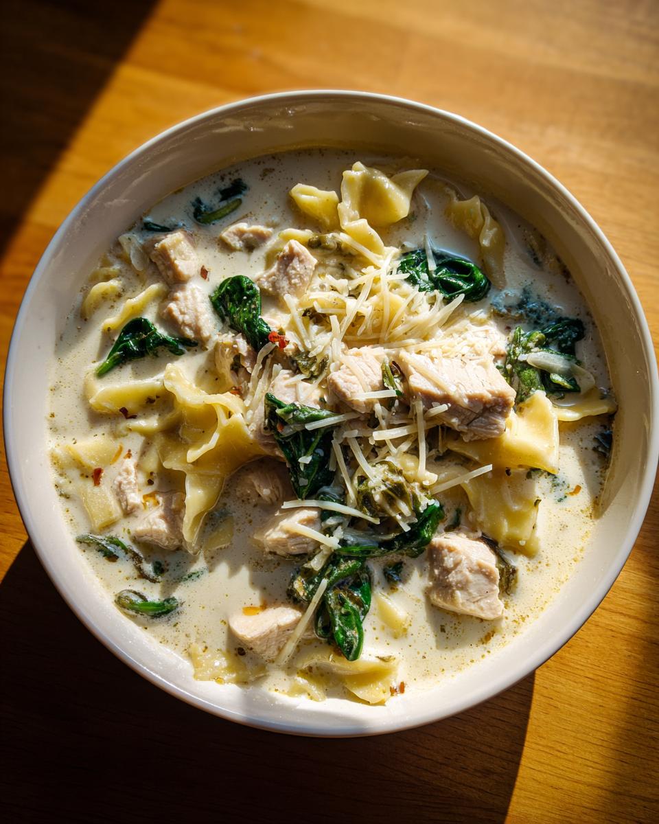 A close-up overhead view of a bowl of creamy white chicken lasagna soup, filled with chunks of chicken, spinach, pasta, and topped with shredded parmesan cheese.
