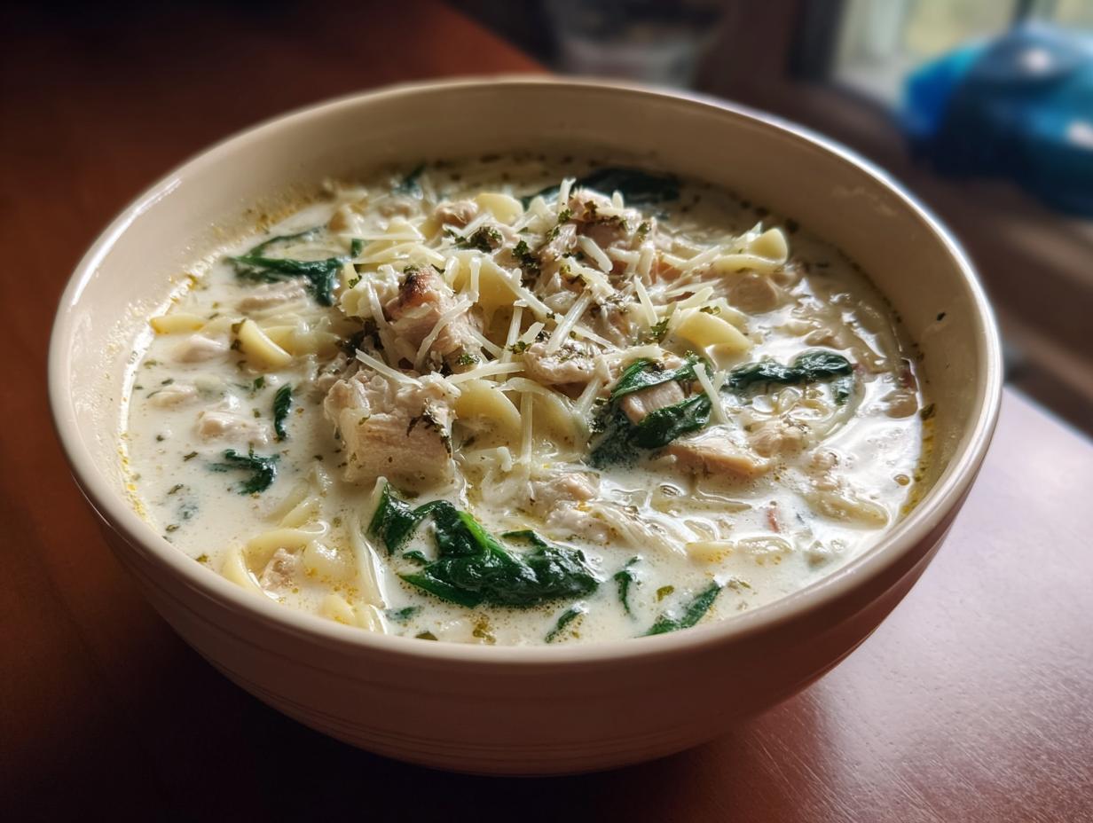 A close-up of a hearty bowl of white chicken lasagna soup topped with shredded cheese and spinach.