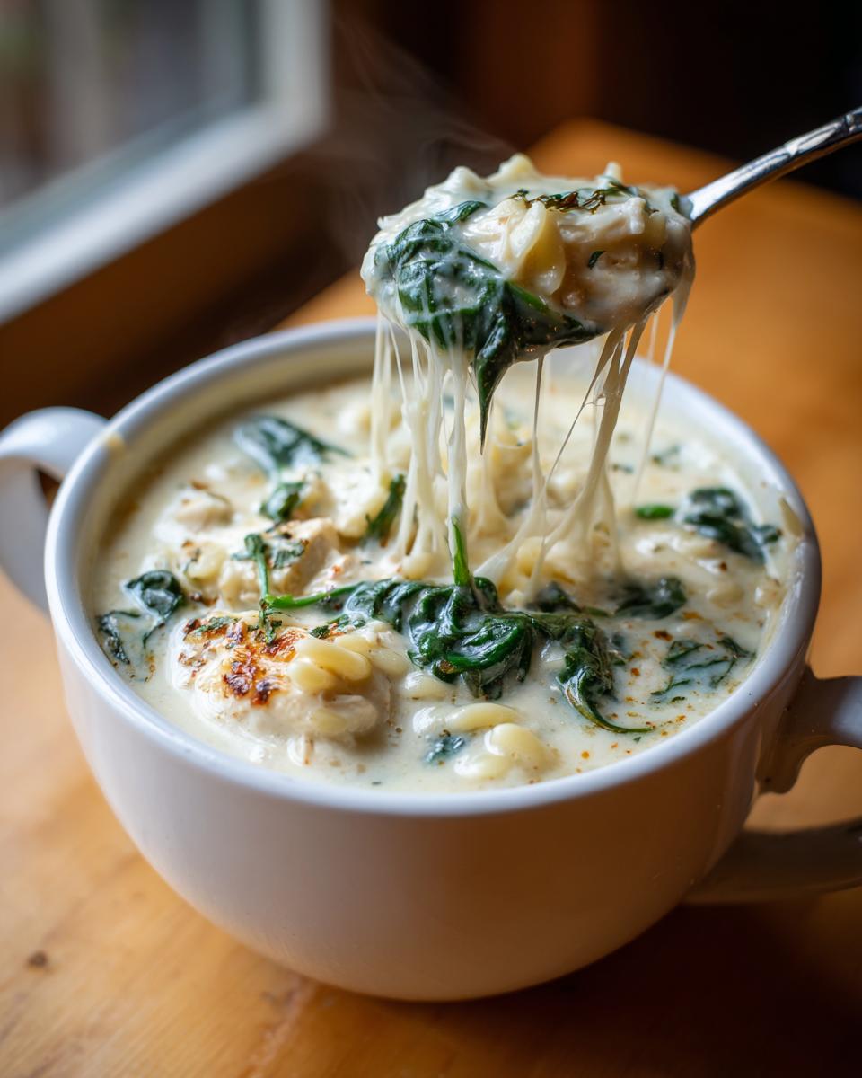 A spoonful of steaming white chicken lasagna soup showing stringy melted cheese, spinach, and pasta being lifted from a white bowl.
