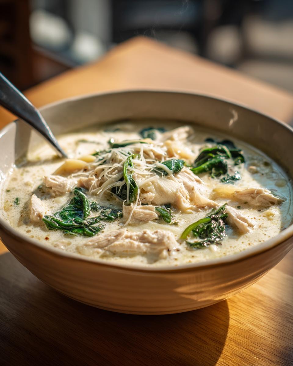 Close-up of a steaming bowl of white chicken lasagna soup, featuring shredded chicken, spinach, and grated cheese.