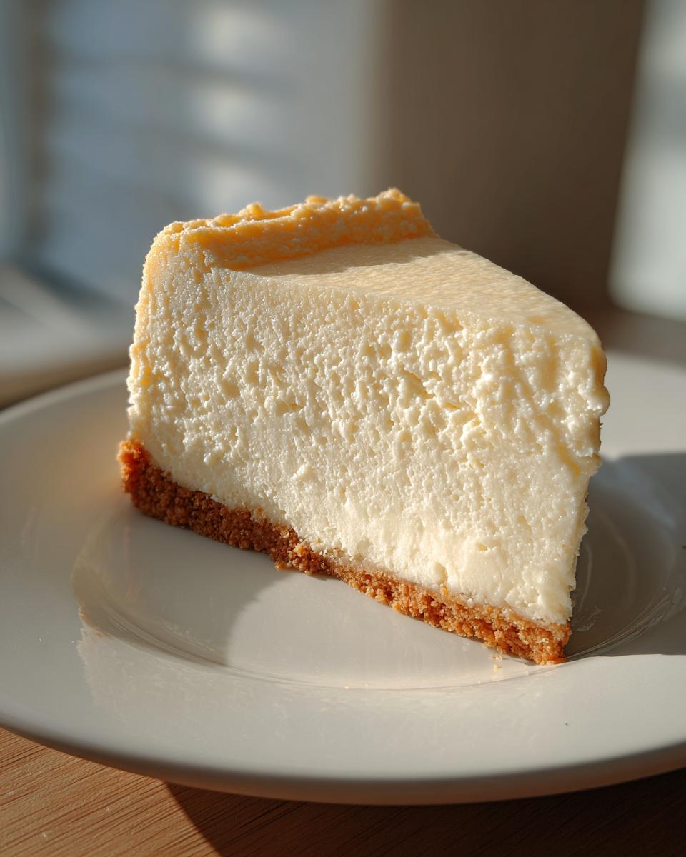 A close-up of a creamy slice of white chocolate cheesecake with a graham cracker crust on a white plate.