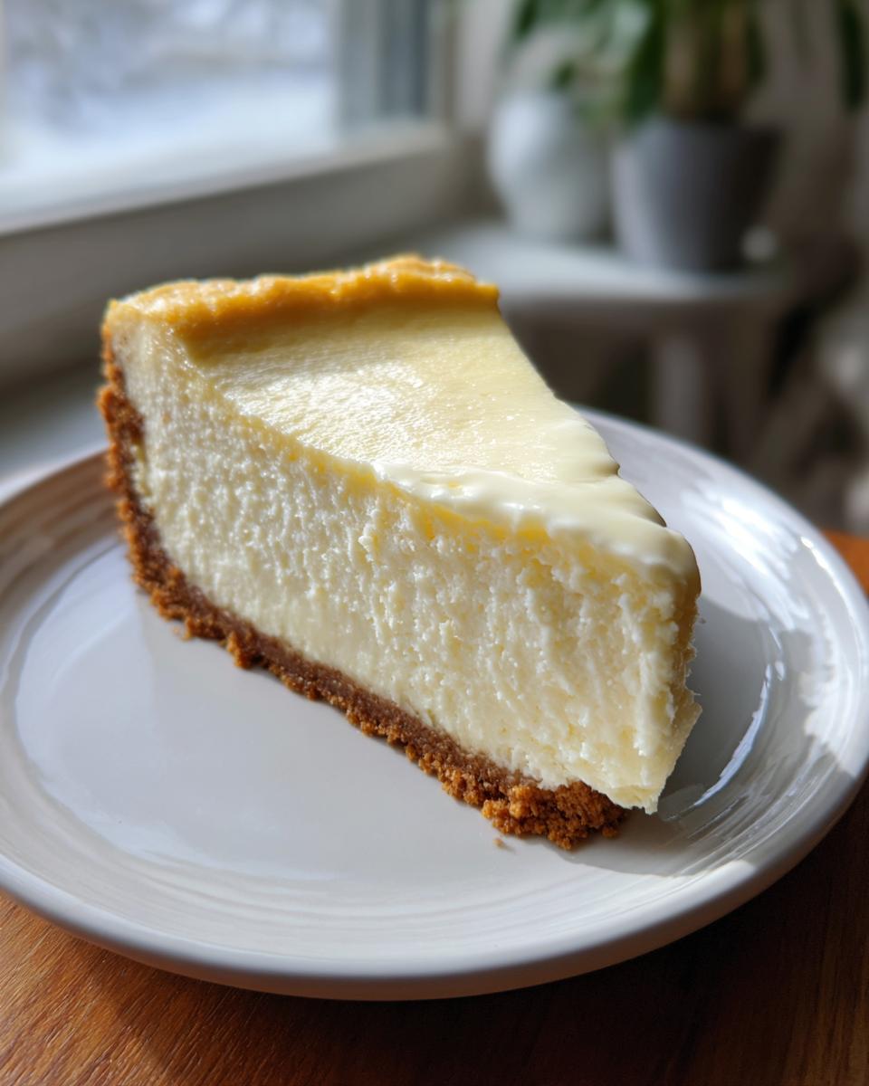 A thick, creamy slice of white chocolate cheesecake with a graham cracker crust served on a white plate.