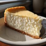 A close-up, sunlit slice of creamy white chocolate cheesecake with a thick graham cracker crust served on a speckled plate.