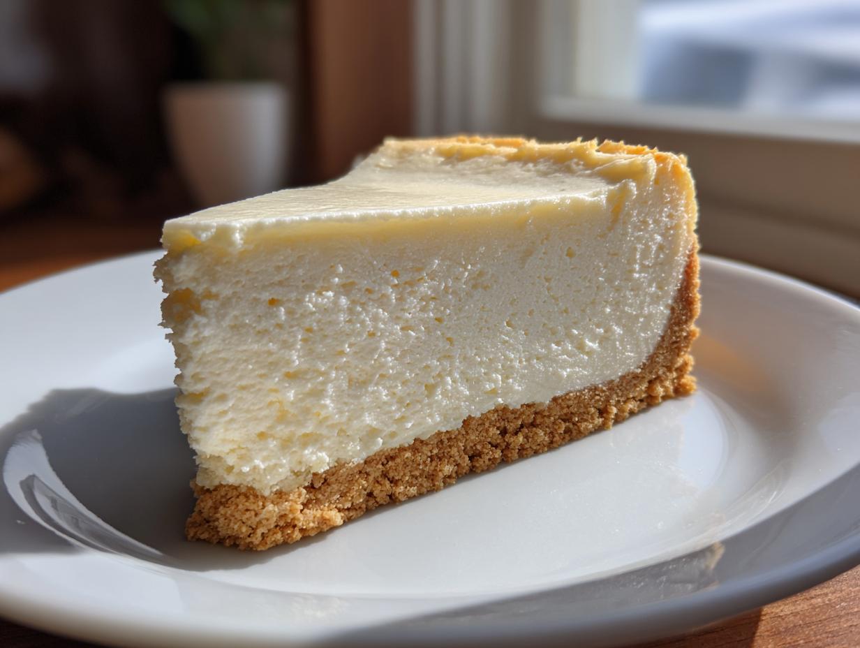 A thick, creamy slice of white chocolate cheesecake with a graham cracker crust resting on a white plate.