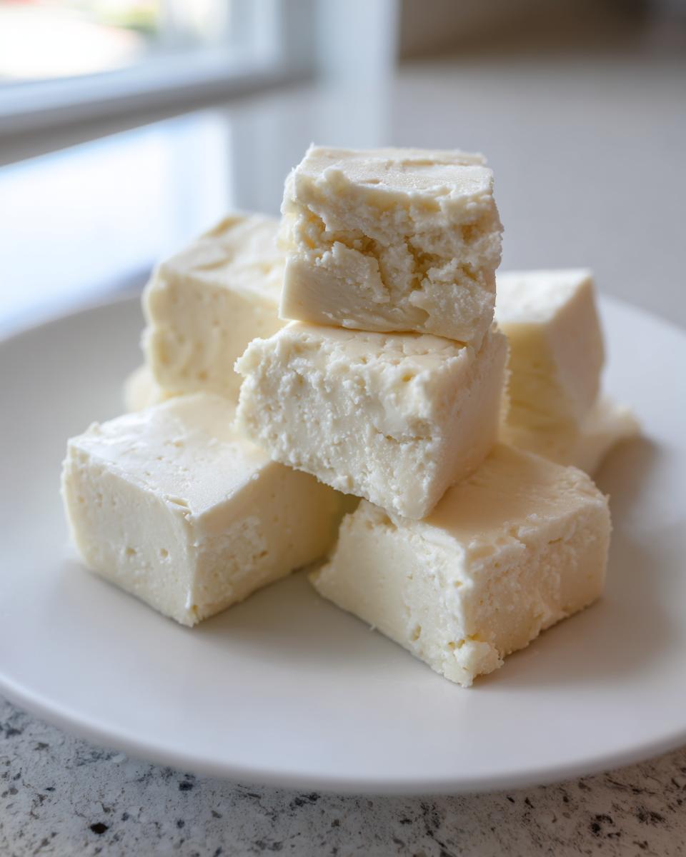 A stack of creamy, white chocolate fudge cubes resting on a white plate.