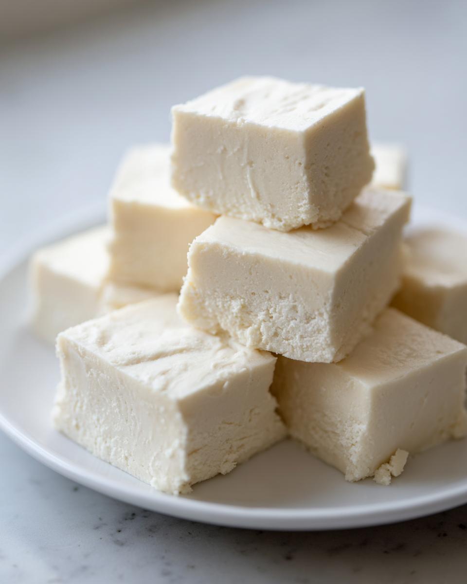 A stack of creamy, square pieces of homemade white chocolate fudge resting on a white plate.