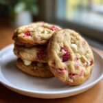 A stack of freshly baked white chocolate raspberry cookies featuring bright red raspberries and white chocolate chips.