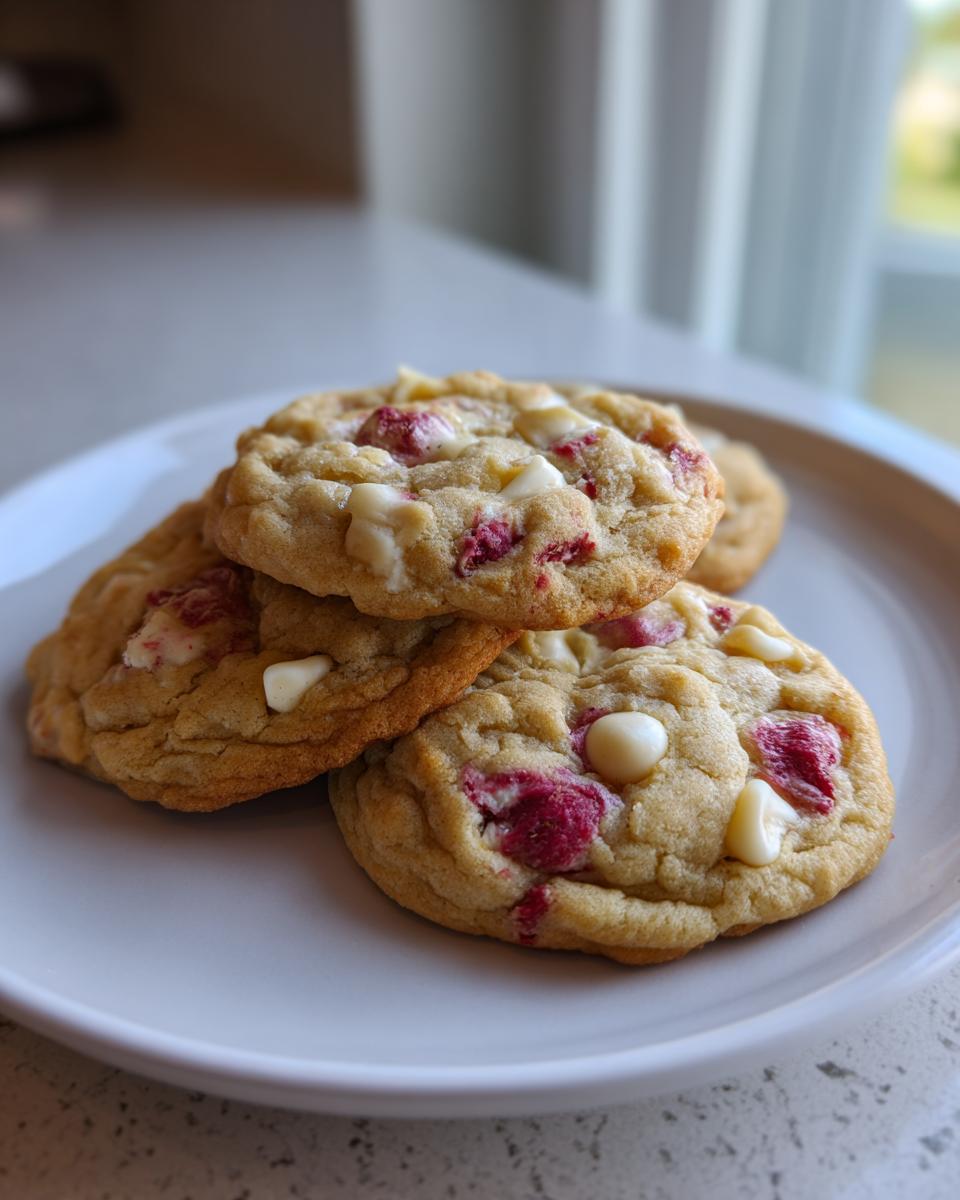 A close-up of several soft, chewy white chocolate raspberry cookies stacked on a light gray plate.