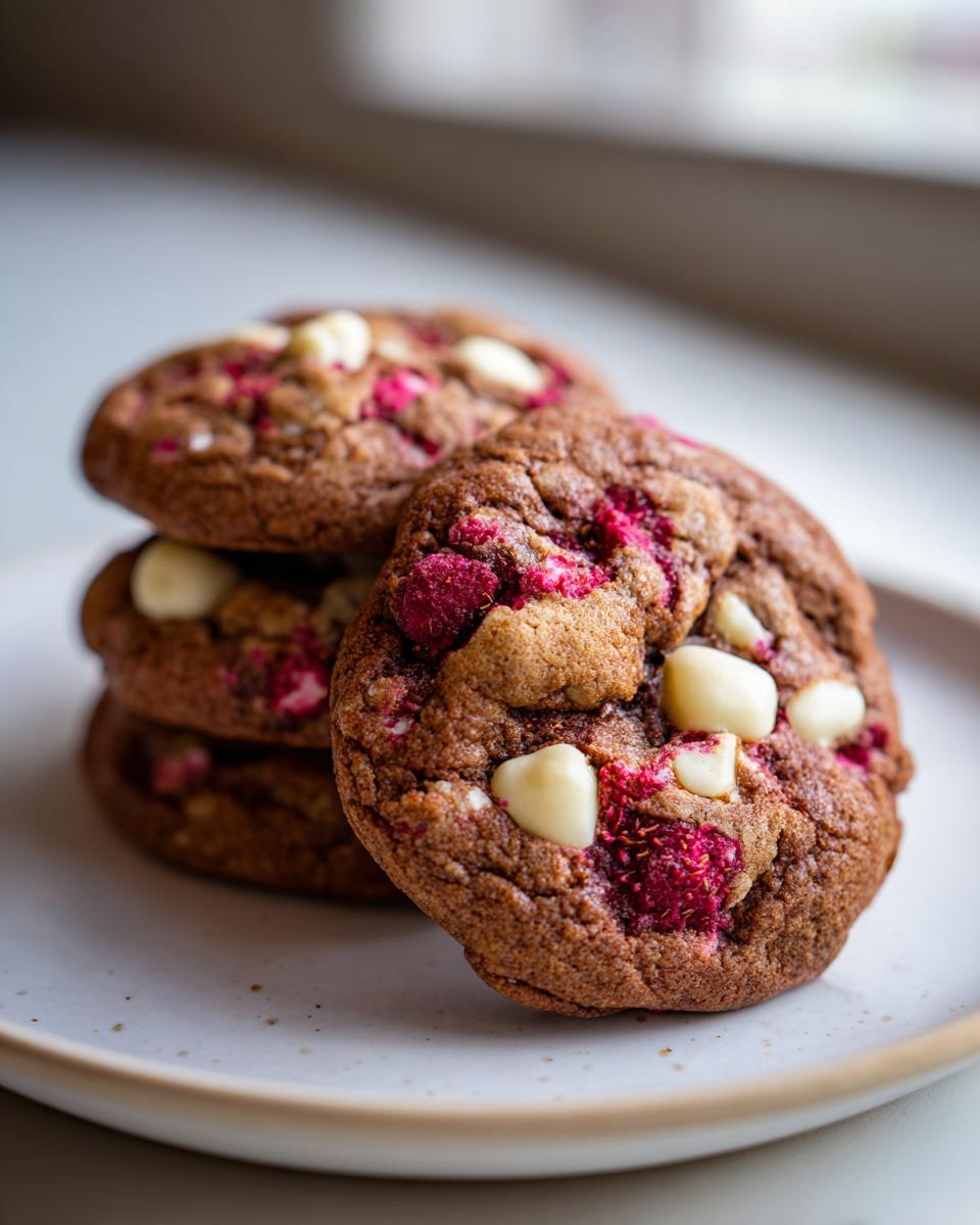 A stack of freshly baked white chocolate raspberry cookies featuring visible white chocolate chips and bright pink raspberry pieces.