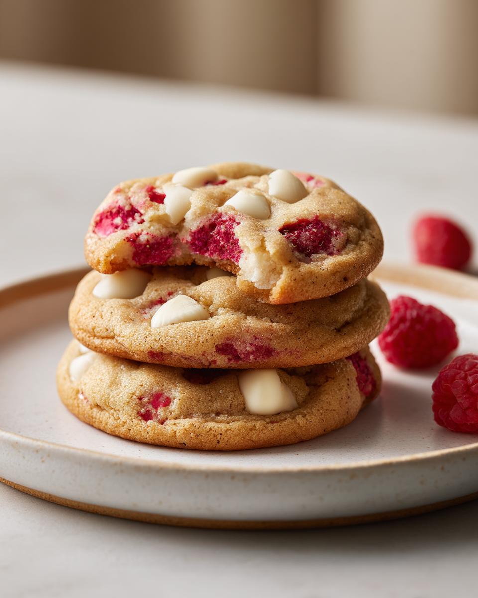 A stack of three soft white chocolate raspberry cookies, with the top one having a bite taken out, revealing the bright pink interior.