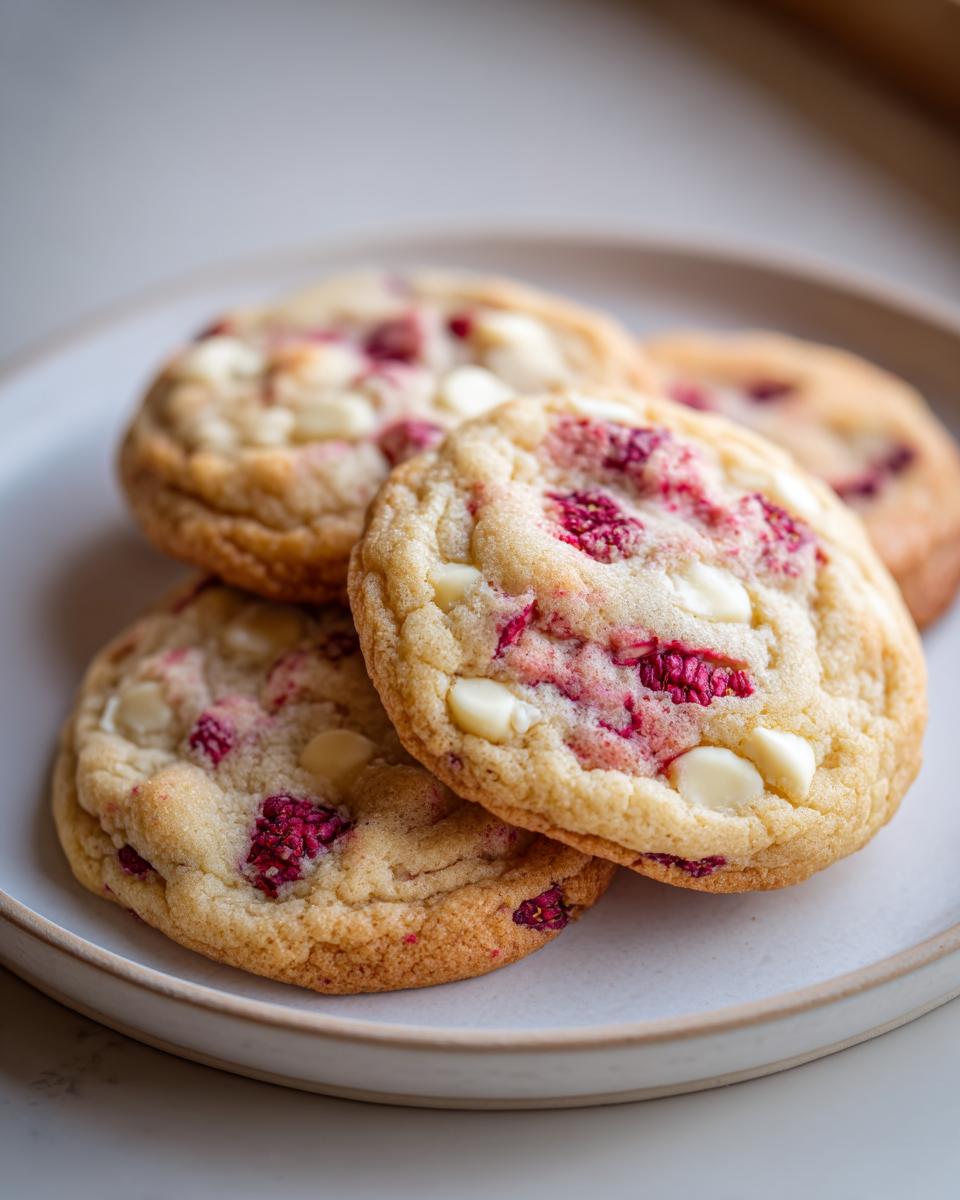 A stack of freshly baked white chocolate raspberry cookies featuring visible white chocolate chips and bright pink raspberry pieces.