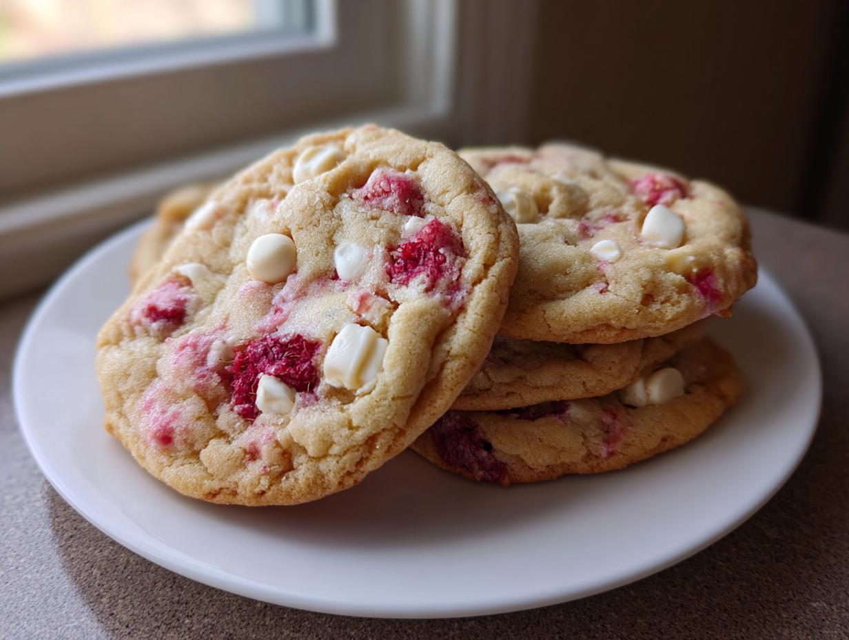 A stack of freshly baked white chocolate raspberry cookies featuring visible white chocolate chips and bright pink raspberry swirls.