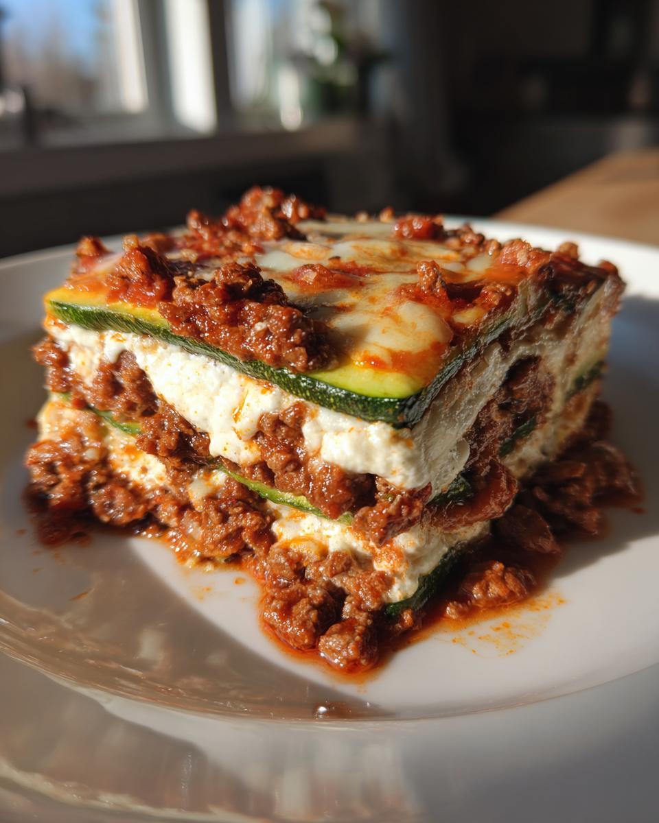 A thick, layered slice of zucchini lasagna featuring zucchini noodles, ricotta cheese, and rich meat sauce, served on a white plate.