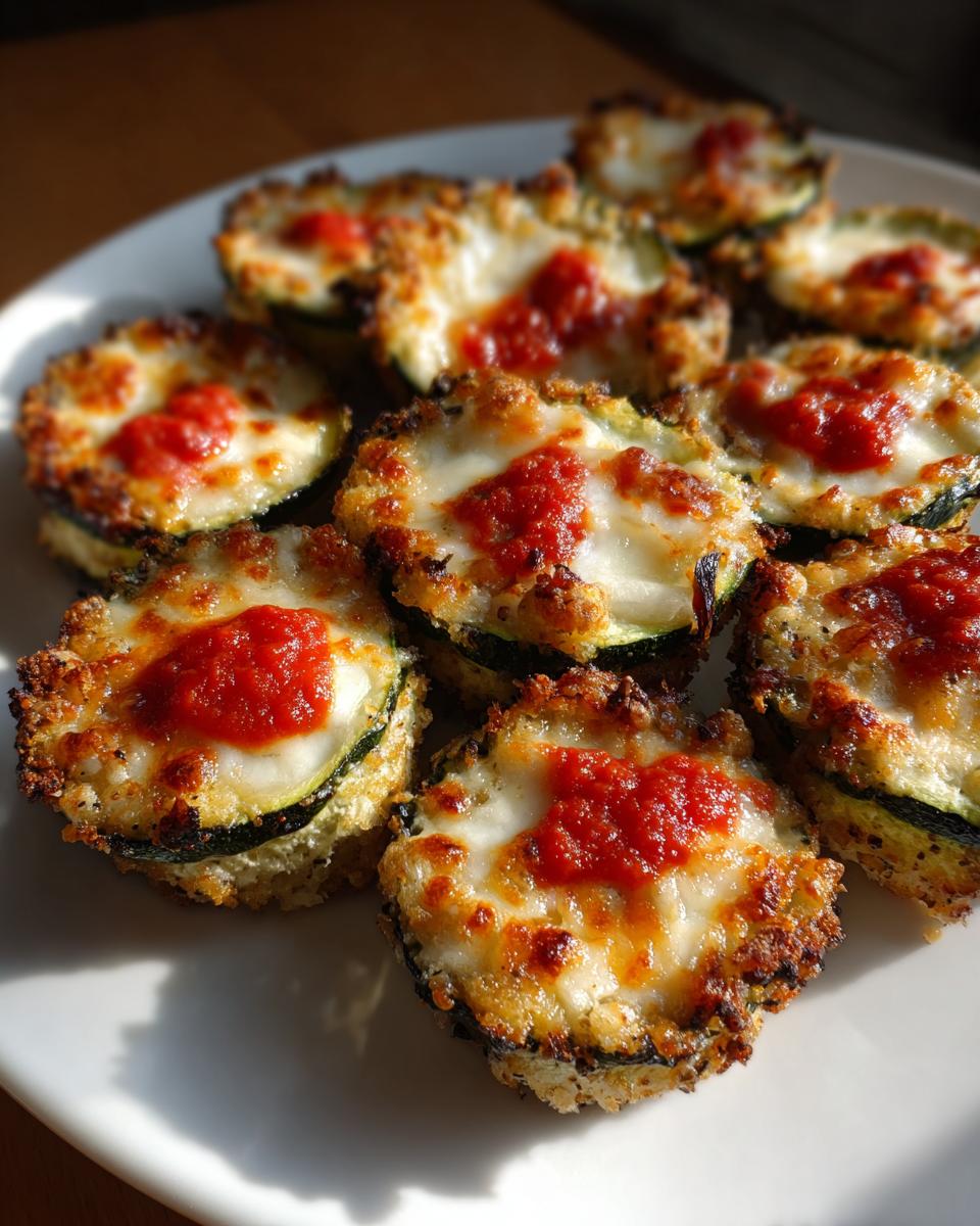 Close-up of several baked zucchini pizza bites topped with melted cheese and tomato sauce on a white plate.