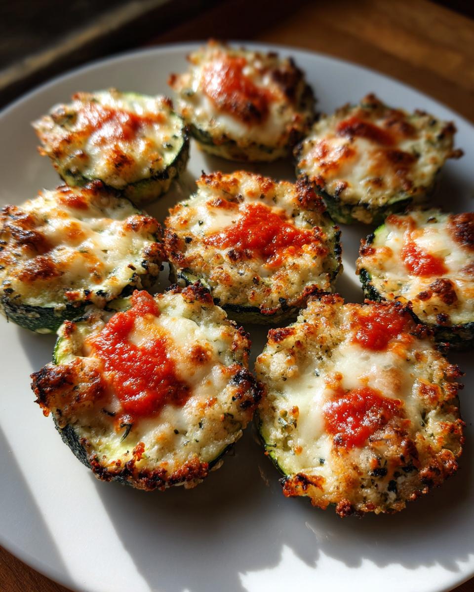 Eight baked zucchini pizza bites topped with melted cheese and marinara sauce, served on a white plate.