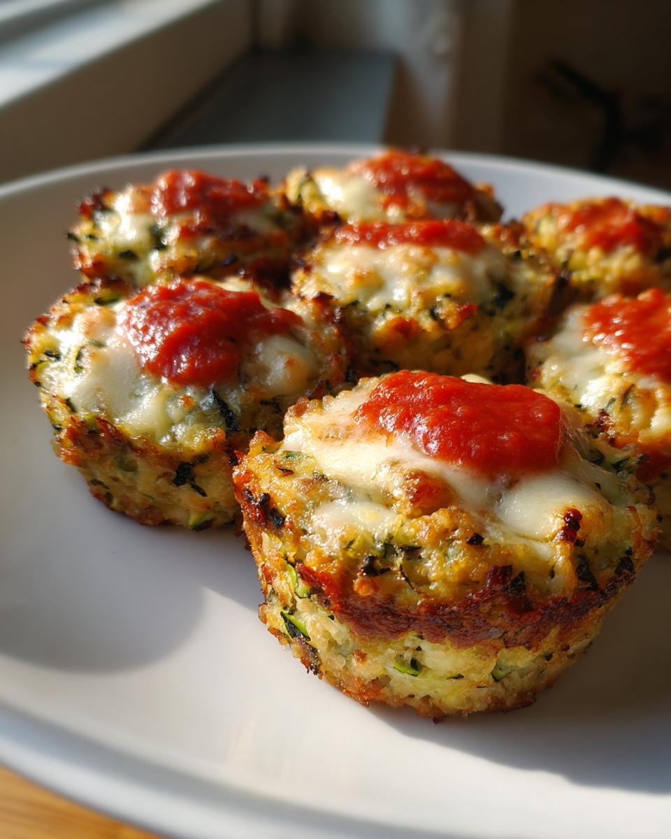 A plate of freshly baked zucchini pizza bites topped with melted mozzarella and marinara sauce.