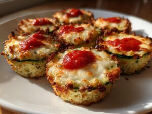 Close-up of six golden zucchini pizza bites topped with melted mozzarella and a dollop of marinara sauce.