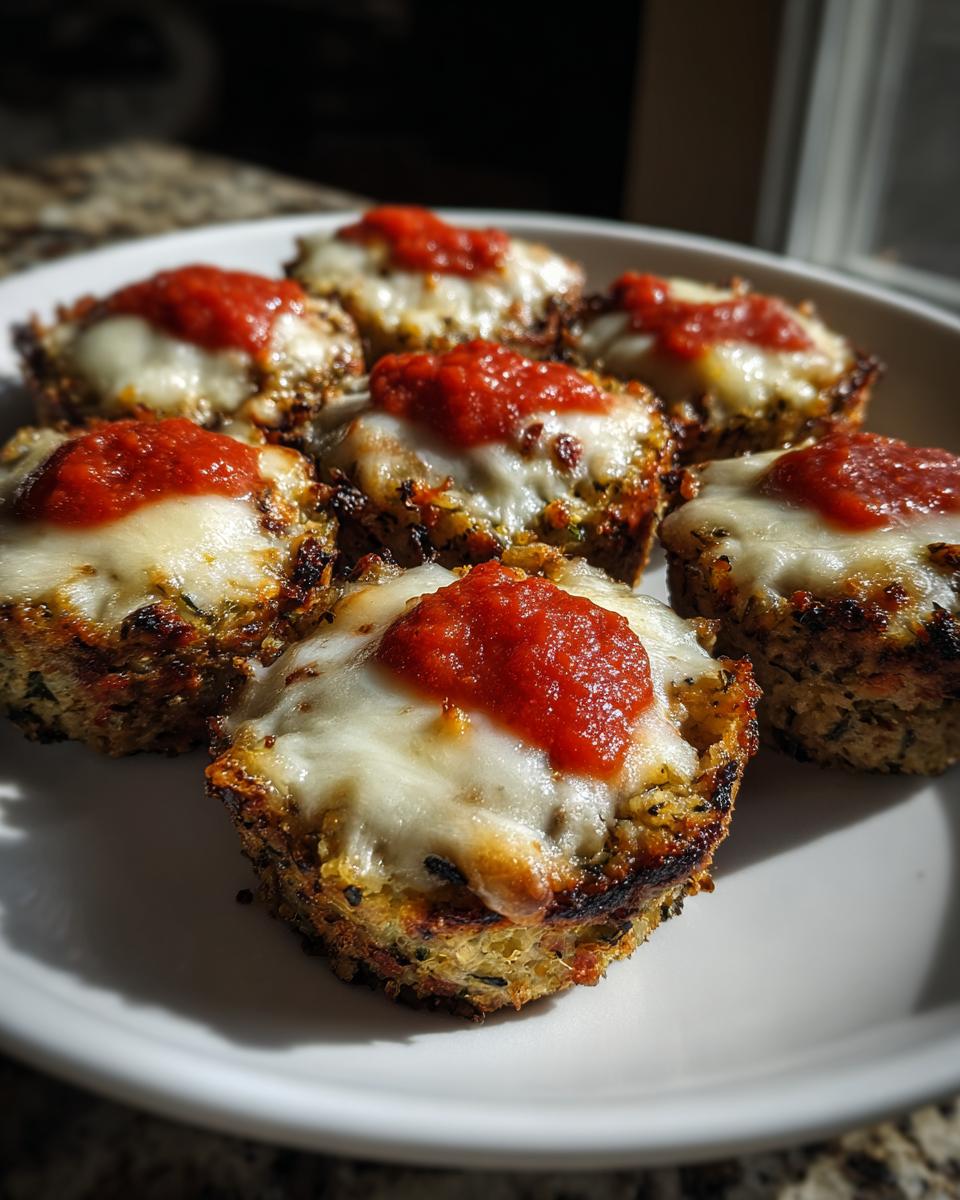 Close-up of six golden-brown zucchini pizza bites topped with melted mozzarella and marinara sauce.