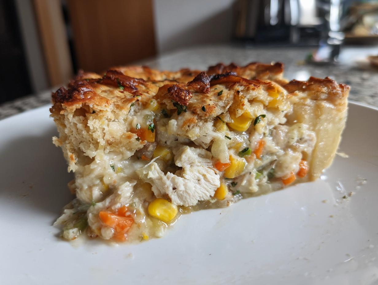 Close-up of a hearty slice of chicken pot pie showing creamy filling with chicken, carrots, and corn under a golden crust.