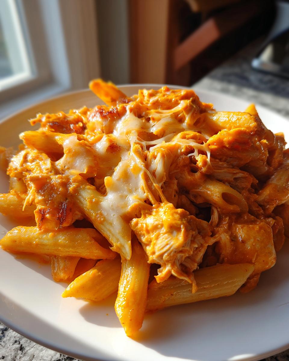 Close-up of a serving of buffalo chicken pasta with penne noodles, shredded chicken, and melted white cheese.