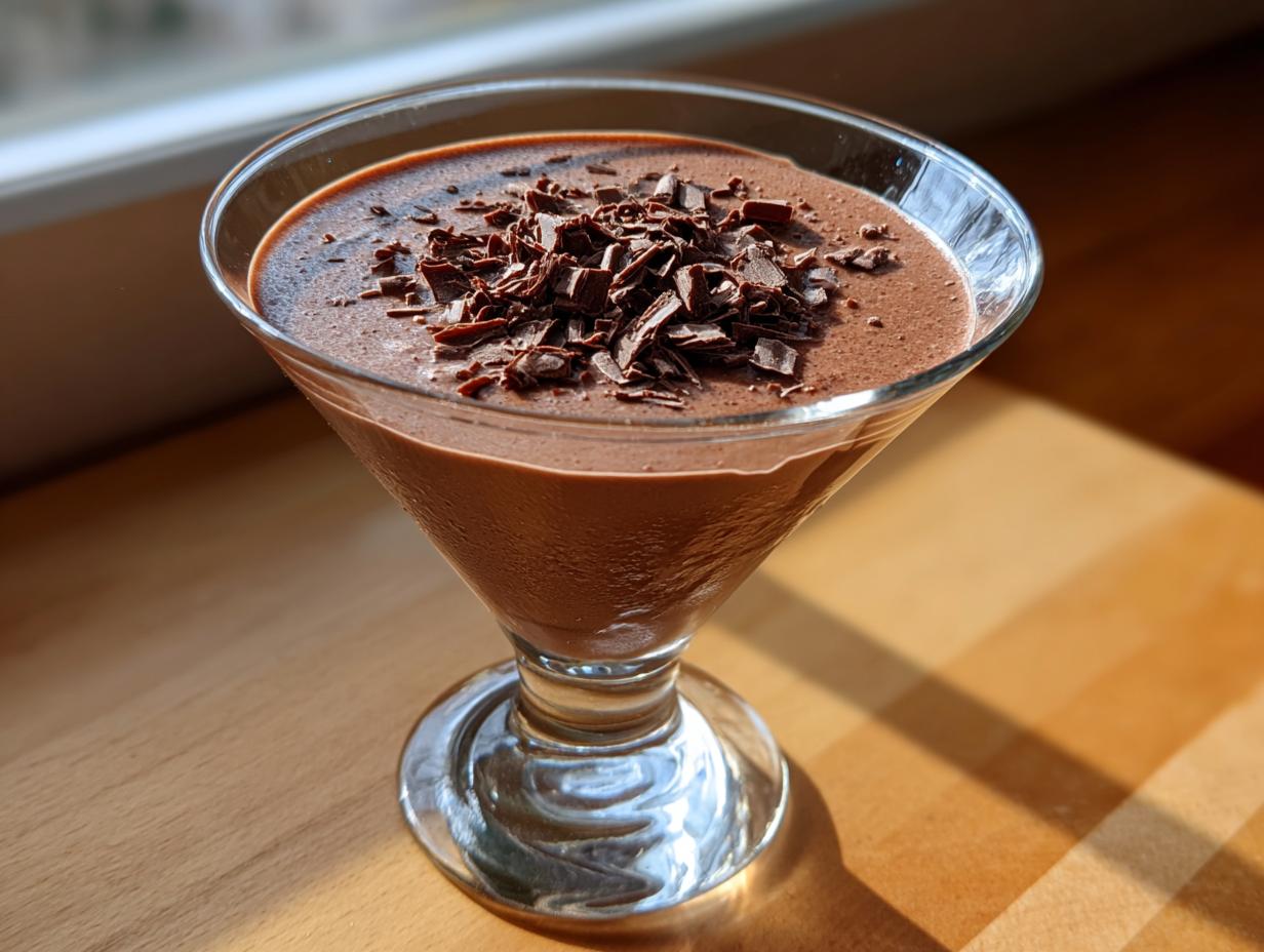 Close-up of a creamy chocolate martini in a glass, garnished with dark chocolate shavings.