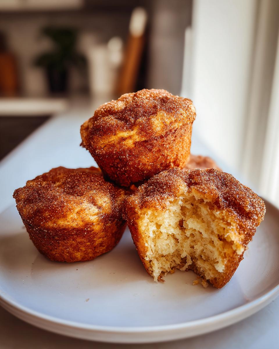 Three air fryer cinnamon sugar french toast muffins stacked on a plate, one is bitten into showing the fluffy interior.