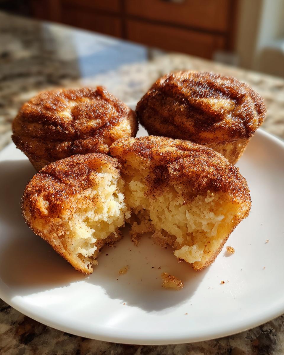 Three air fryer cinnamon sugar french toast muffins on a white plate, one is broken open showing the fluffy interior.