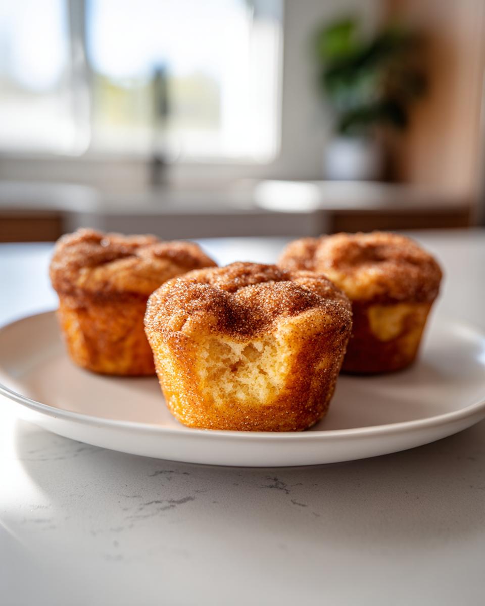 Three air fryer cinnamon sugar french toast muffins on a white plate, one has a bite taken out.