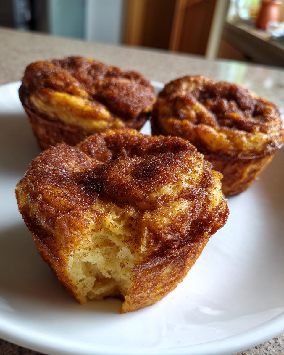 Three golden air fryer cinnamon sugar french toast muffins on a white plate, one with a bite taken out.