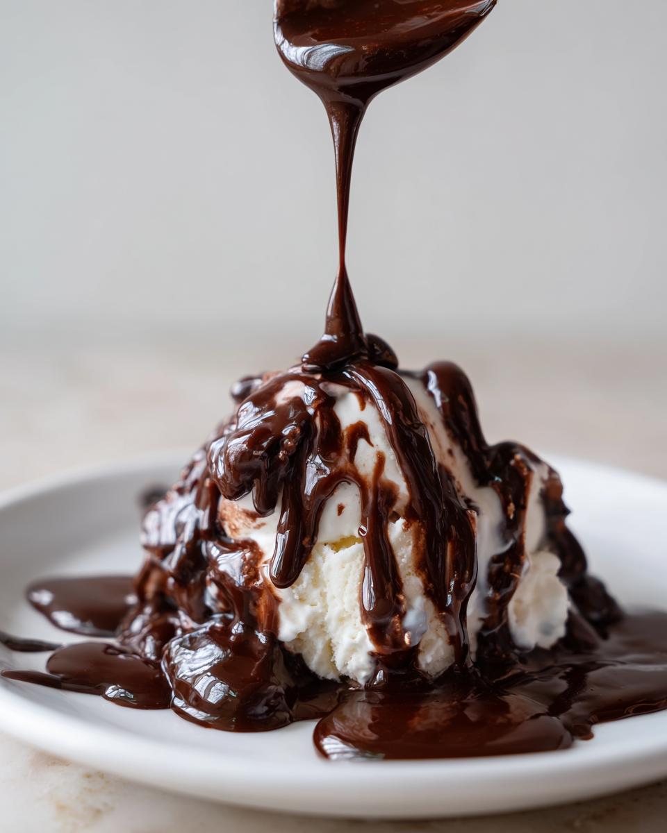 A spoonful of rich, glossy chocolate sauce is being poured over scoops of vanilla ice cream.