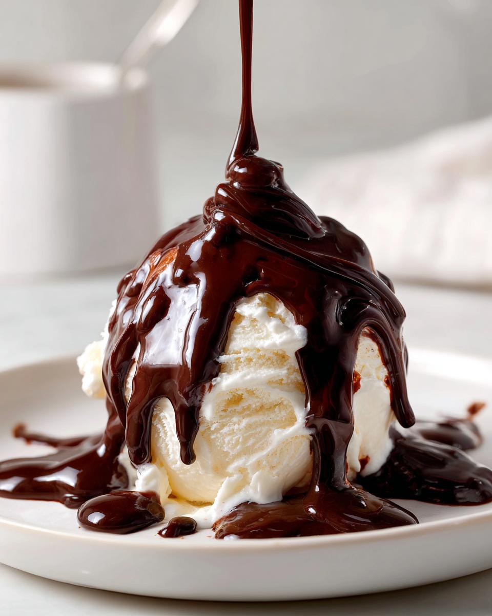 A scoop of vanilla ice cream being drenched in thick, glossy homemade chocolate sauce.