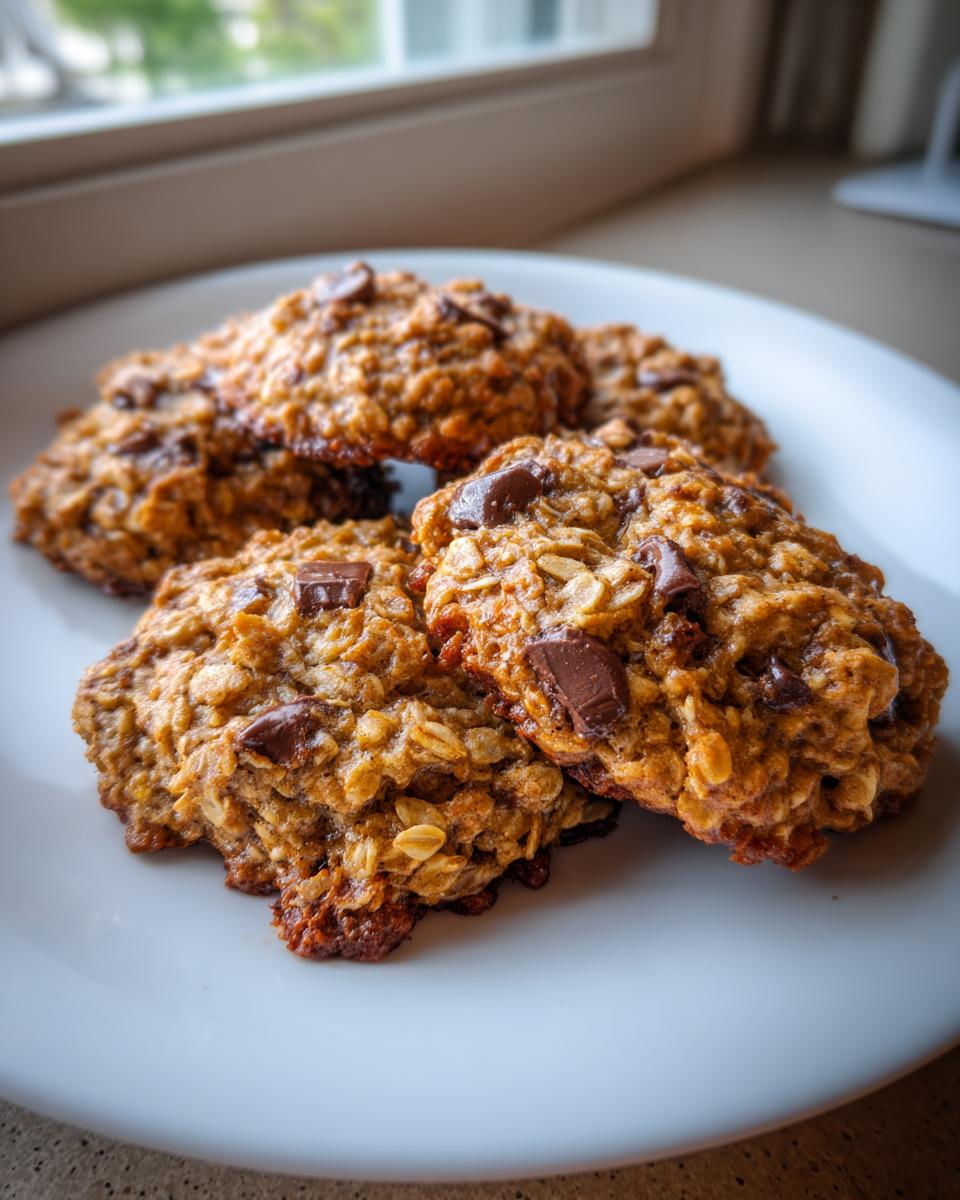 Four freshly baked, golden brown breakfast cookie oat clusters with melted chocolate chunks on a white plate.