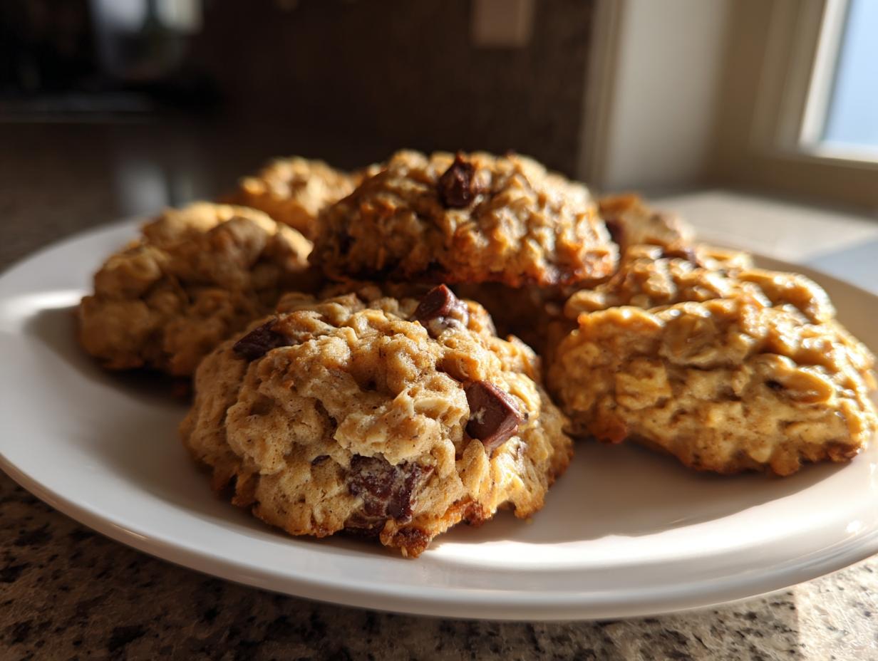 A close-up of several freshly baked breakfast cookie oat clusters on a white plate, catching morning sunlight.