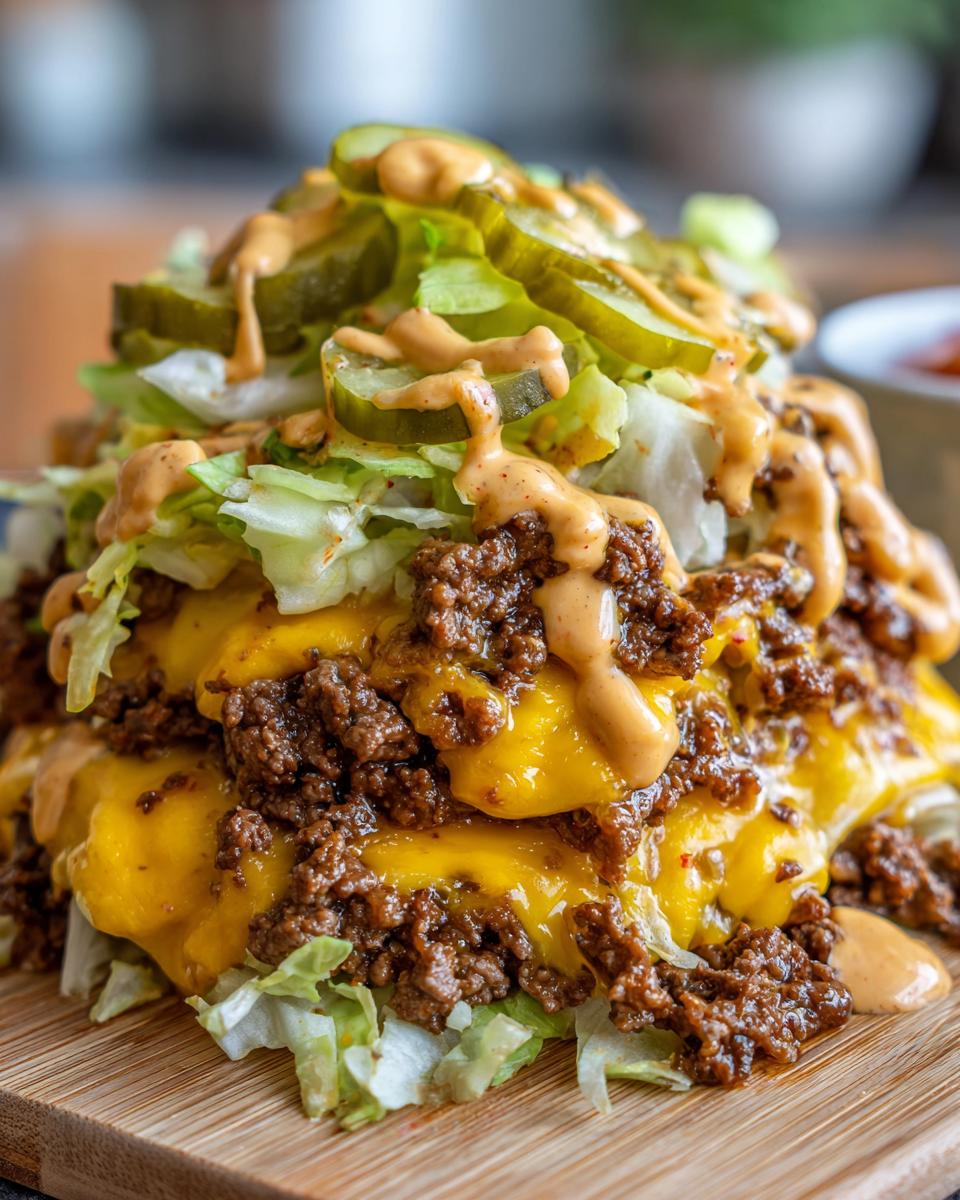 Close-up of a towering big mac salad featuring seasoned ground beef, melted cheese, lettuce, pickles, and special sauce.