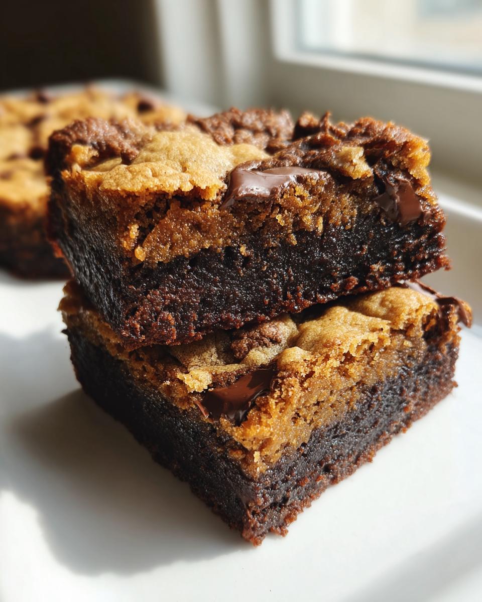 Two stacked brookies showing a dense, fudgy brownie bottom and a chewy cookie top with melted chocolate chips.