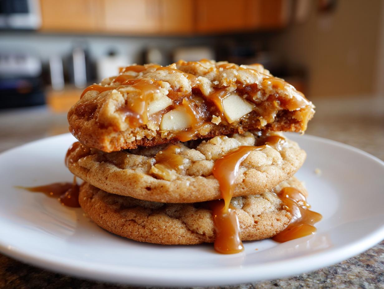A stack of three amazing caramel apple cookies, with the top one broken open to show apple chunks inside, drizzled with caramel.