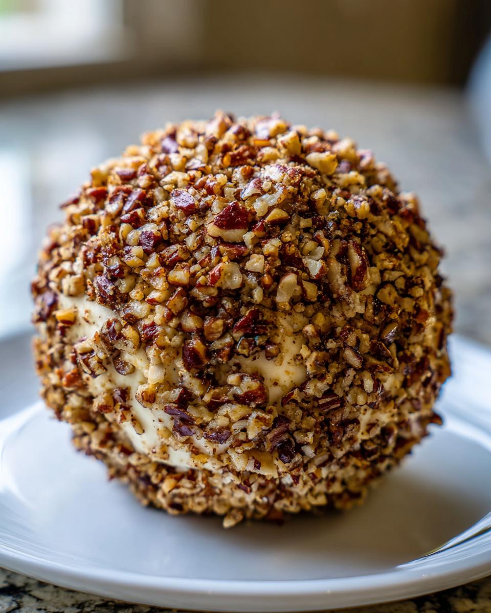 A close-up of a perfectly formed cheese ball generously coated in chopped pecans, resting on a white plate.