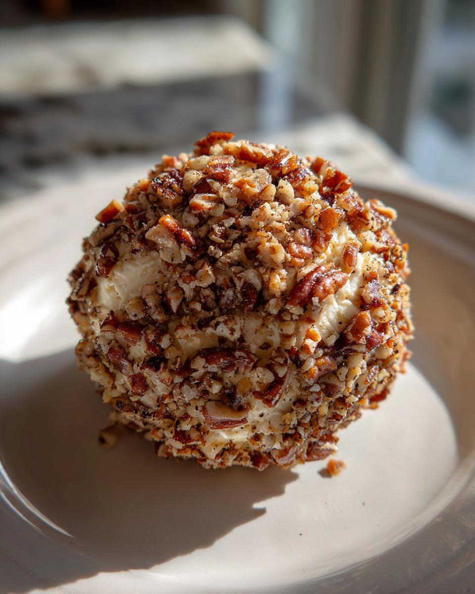 A homemade cheese ball completely coated in chopped pecans, sitting on a light-colored plate.