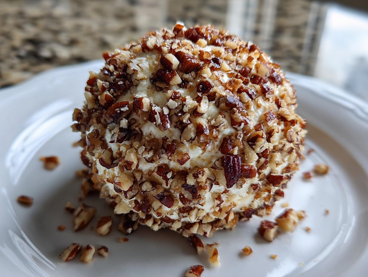 A close-up of a creamy cheese ball completely coated in chopped pecans, served on a white plate.