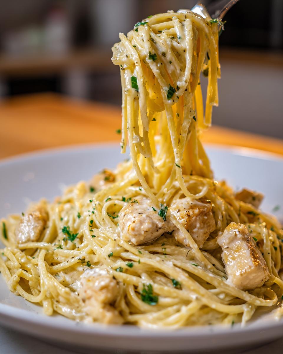 A fork lifts a generous portion of creamy chicken pasta, showing spaghetti coated in sauce and chunks of seasoned chicken.