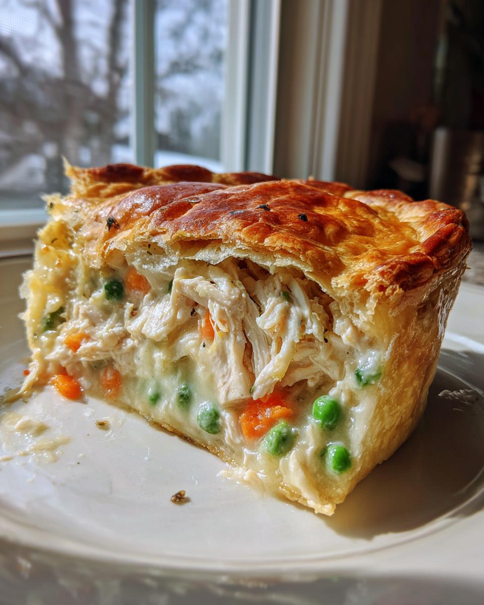 A thick slice of chicken pot pie recipe showing flaky golden crust and creamy filling with shredded chicken, peas, and carrots.