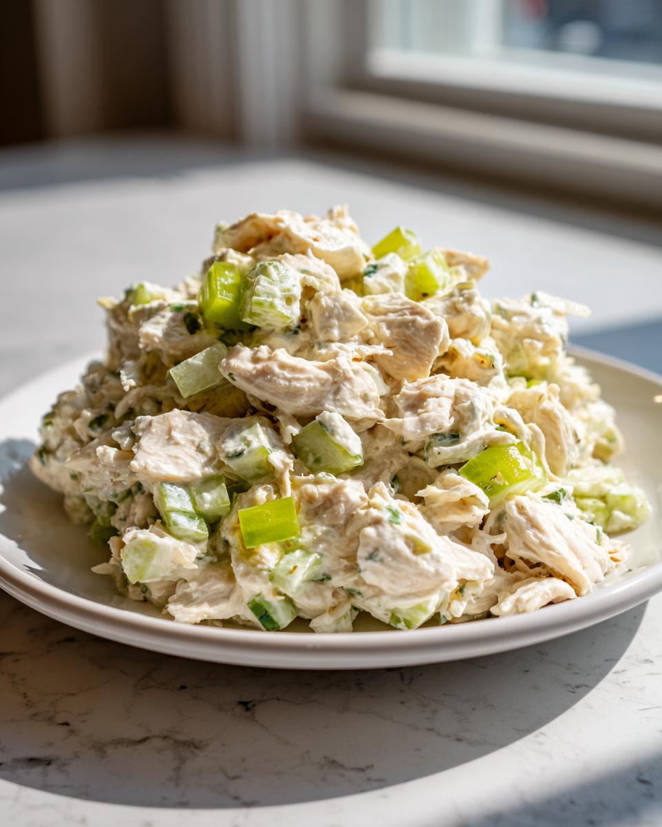 A mound of creamy chicken salad recipe mixed with visible chunks of celery on a white plate.
