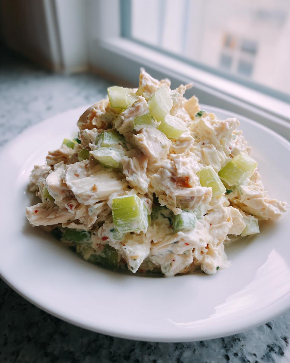 A mound of creamy chicken salad recipe with visible chunks of celery on a white plate.