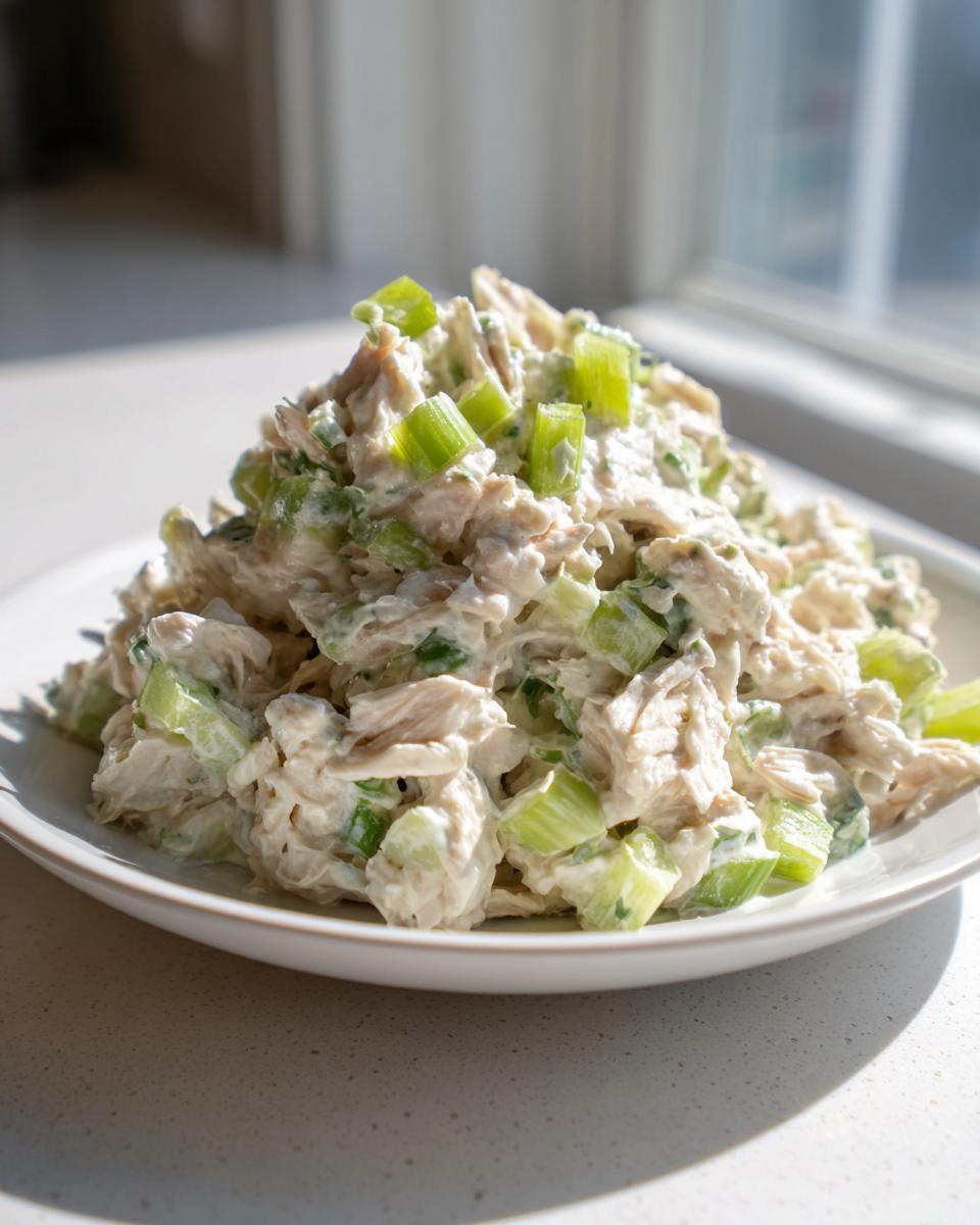 A mound of creamy chicken salad recipe mixed with visible chunks of bright green celery, served on a white plate.