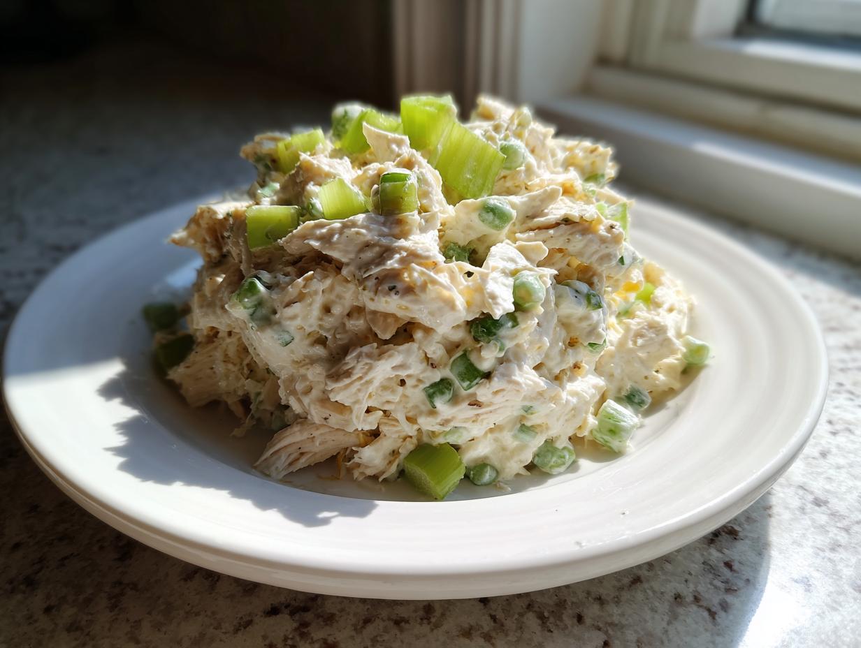 A mound of creamy chicken salad recipe mixed with celery and green onions, served on a white plate.