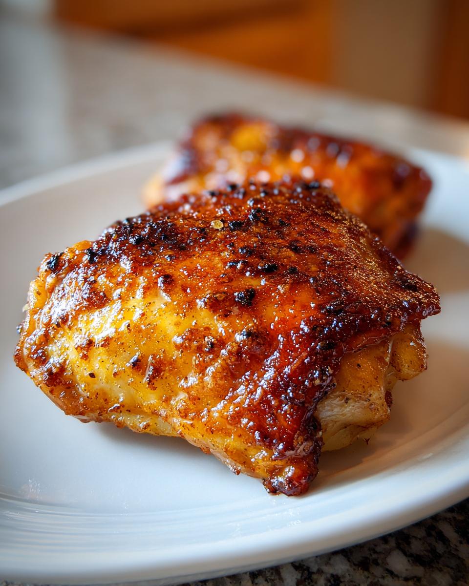 Close-up of two perfectly cooked, glazed chicken thighs with crispy, browned skin on a white plate.
